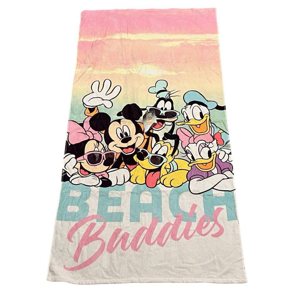 Disney Beach Towel 29x59 Mickey Minnie Pluto Daisy Donald Goofy Buddies‎ Cotton